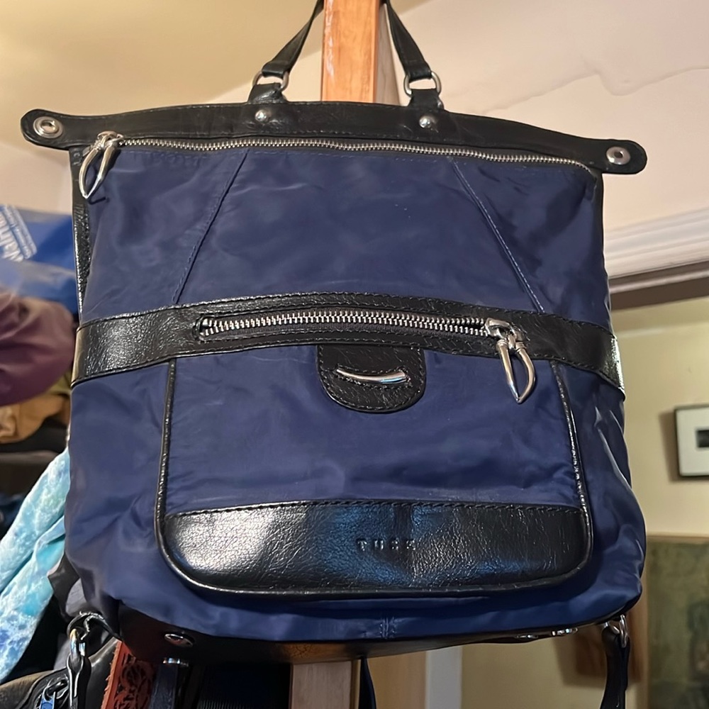 Tusk navy canvas black leather backpack